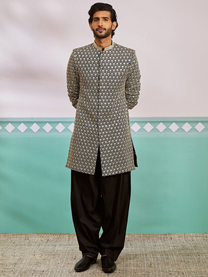 Men's Black Rayon Sherwani & Patiala Set - House of Sarvati LLC