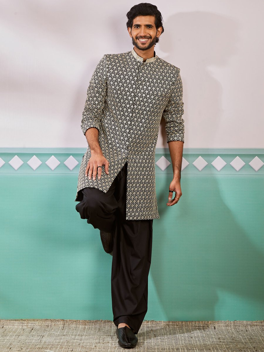 Men's Black Rayon Sherwani & Patiala Set - House of Sarvati LLC
