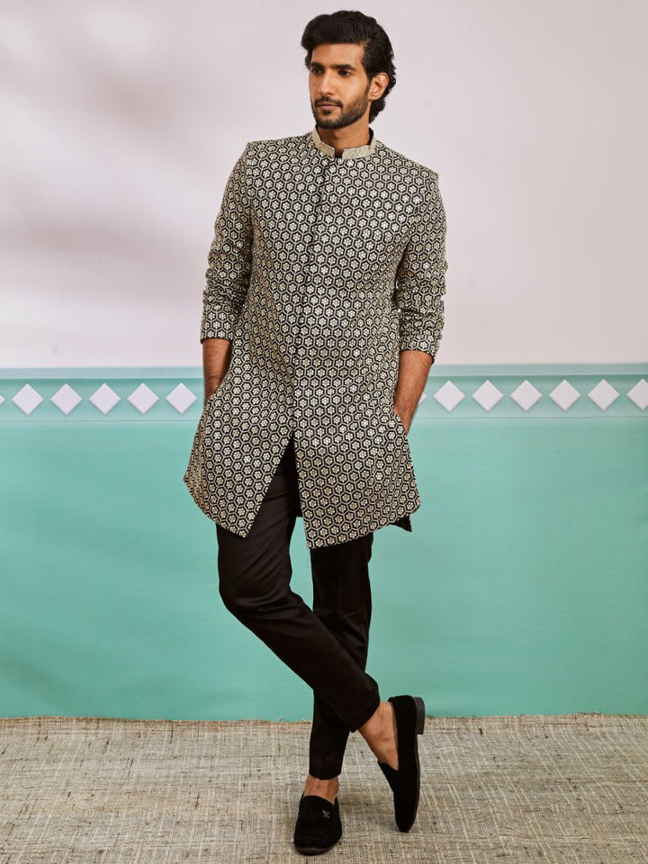Men's Black Rayon Sherwani & Pyjama Set - House of Sarvati LLC