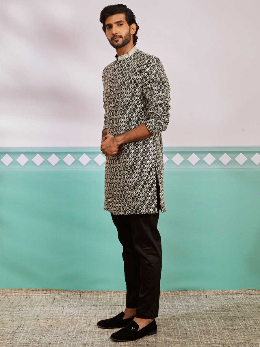Men's Black Rayon Sherwani & Pyjama Set - House of Sarvati LLC