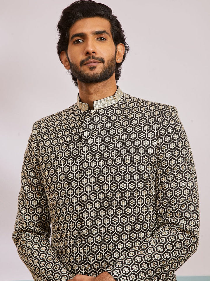Men's Black Rayon Sherwani & Pyjama Set - House of Sarvati LLC