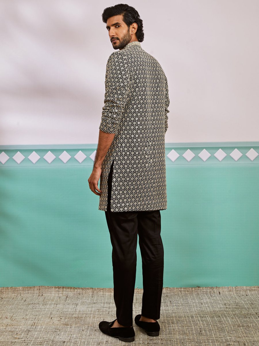 Men's Black Rayon Sherwani & Pyjama Set - House of Sarvati LLC