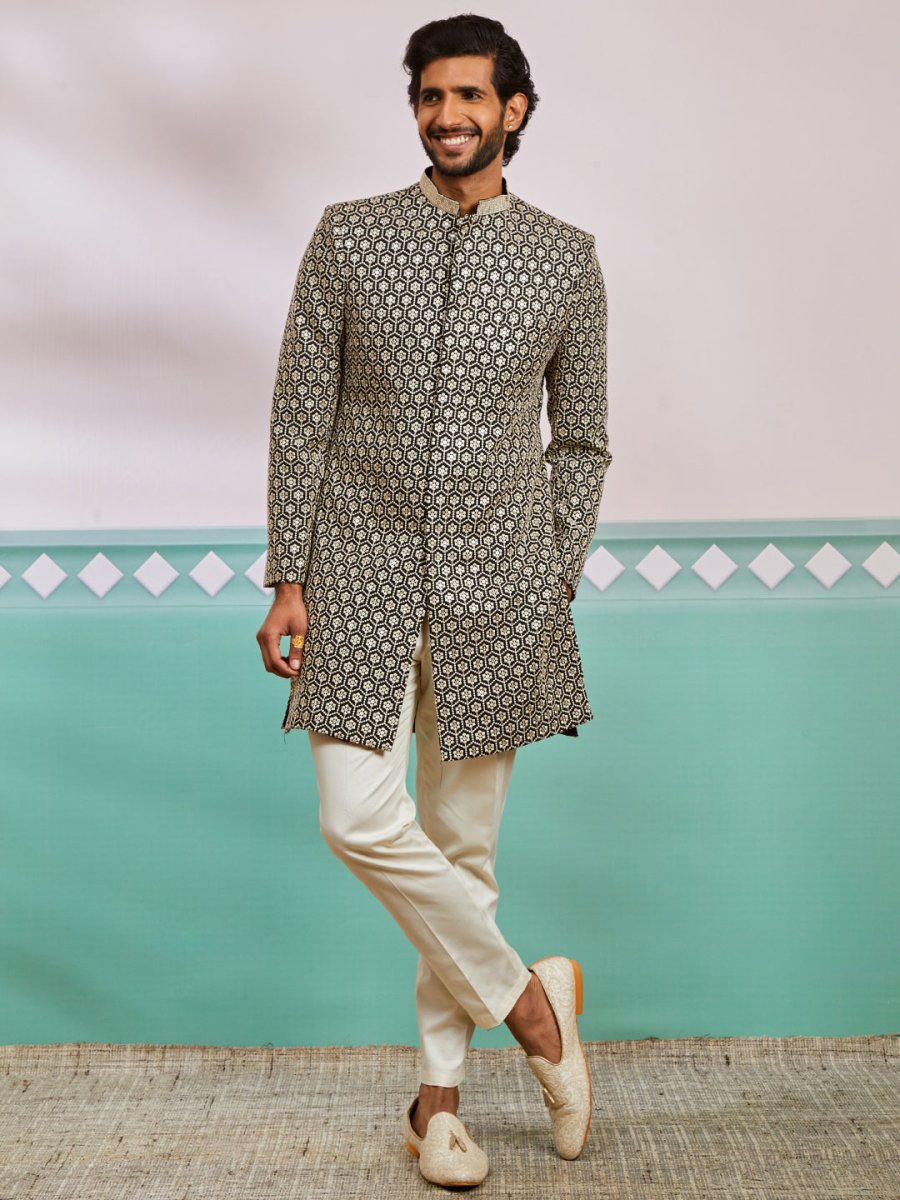 Men's Black Rayon Sherwani & Pyjama Set - House of Sarvati LLC