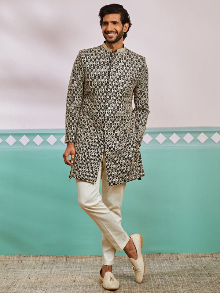 Men's Black Rayon Sherwani & Pyjama Set - House of Sarvati LLC