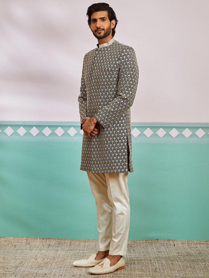 Men's Black Rayon Sherwani & Pyjama Set - House of Sarvati LLC