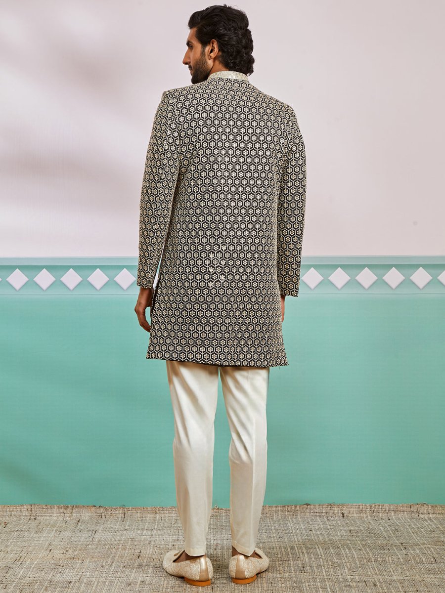 Men's Black Rayon Sherwani & Pyjama Set - House of Sarvati LLC