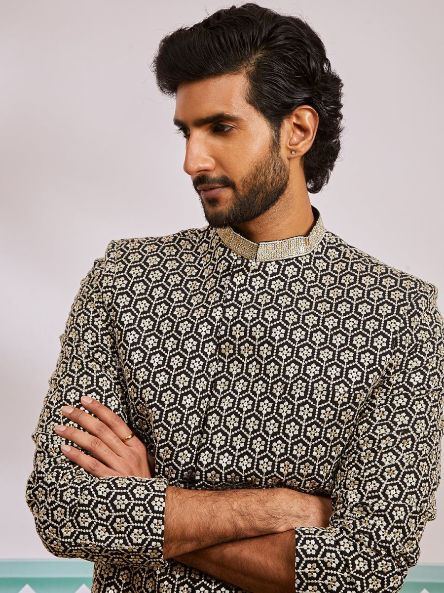 Men's Black Rayon Sherwani & Pyjama Set - House of Sarvati LLC