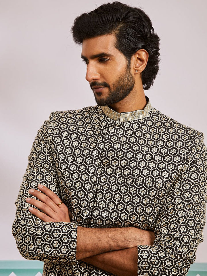 Men's Black Rayon Sherwani & Pyjama Set - House of Sarvati LLC