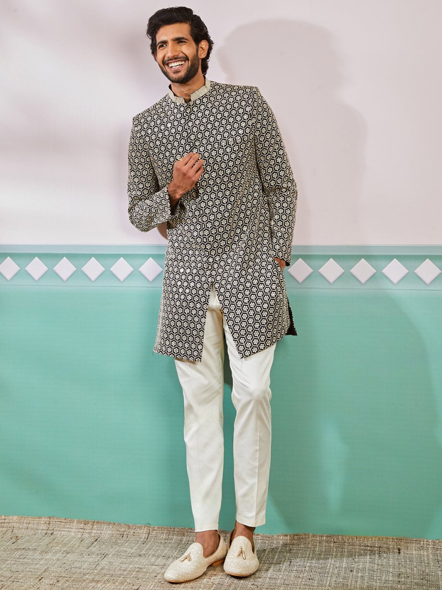 Men's Black Rayon Sherwani & Pyjama Set - House of Sarvati LLC