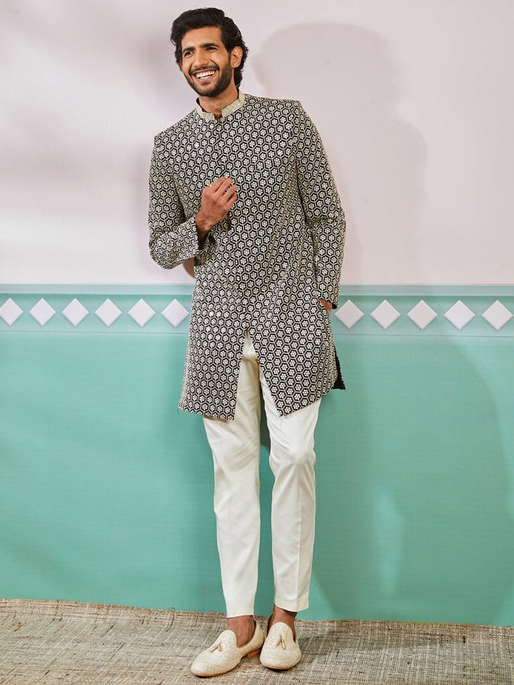 Men's Black Rayon Sherwani & Pyjama Set - House of Sarvati LLC