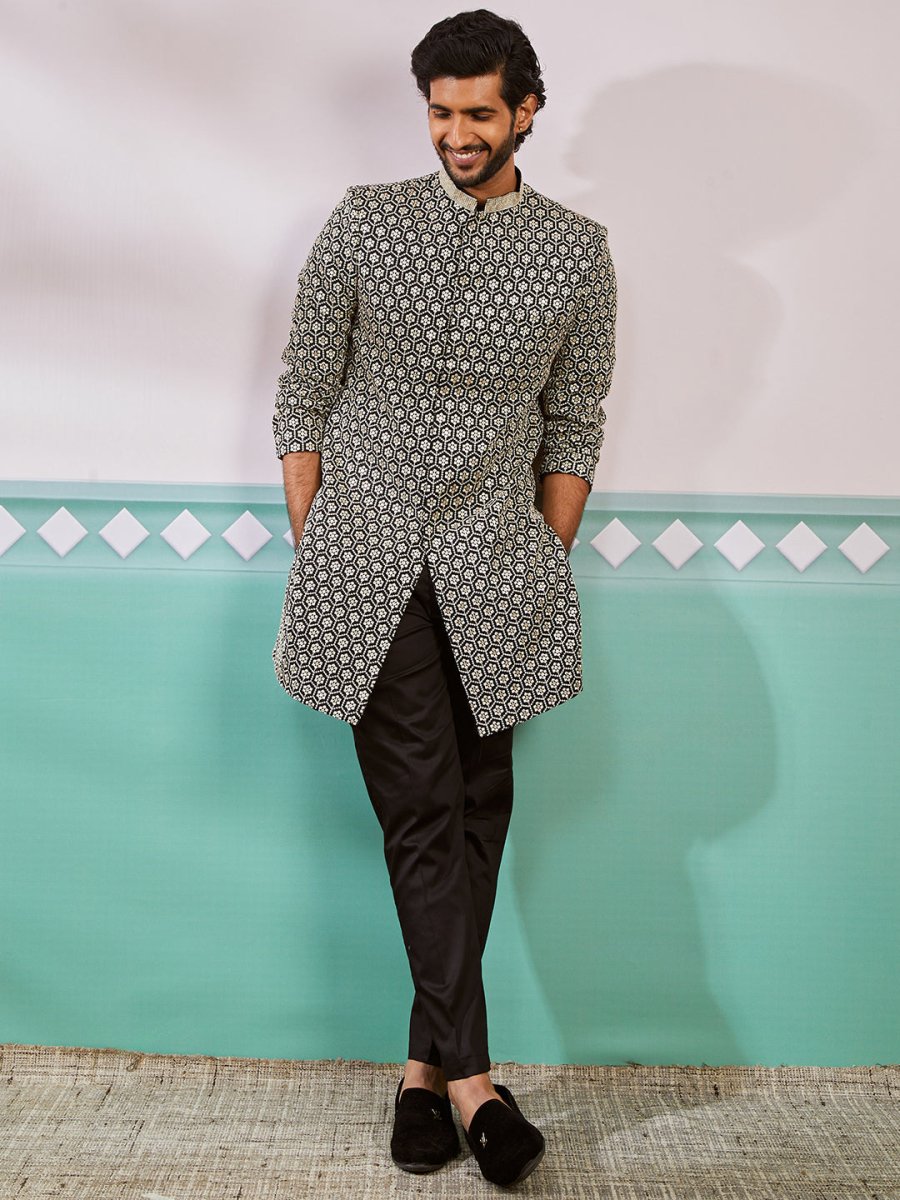 Men's Black Rayon Sherwani & Pyjama Set - House of Sarvati LLC