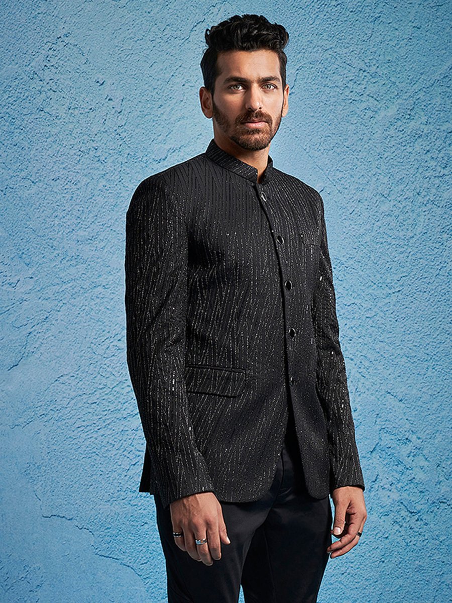Men's Black Sequined Jodhpuri - House of Sarvati LLC