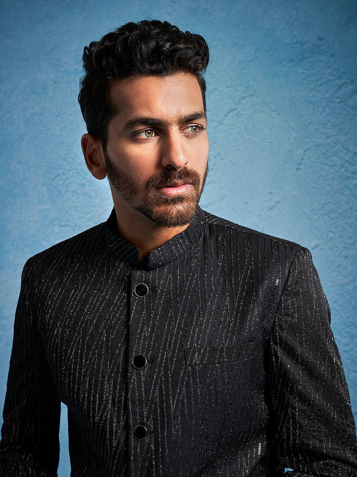 Men's Black Sequined Jodhpuri - House of Sarvati LLC
