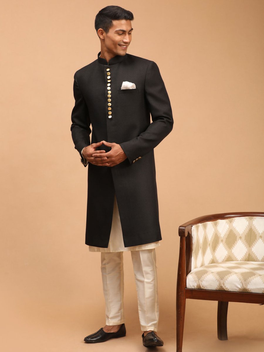 Men's Black Sherwani With Kurta Pant Set - House of Sarvati LLC