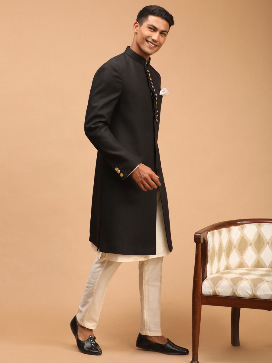 Men's Black Sherwani With Kurta Pant Set - House of Sarvati LLC