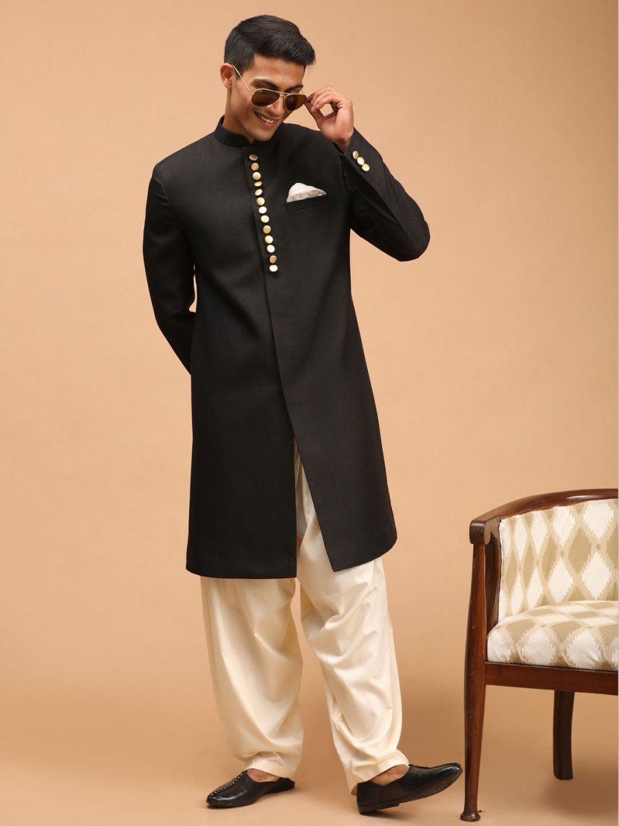 MEN'S BLACK SHERWANI WITH PATIALA SET - House of Sarvati LLC