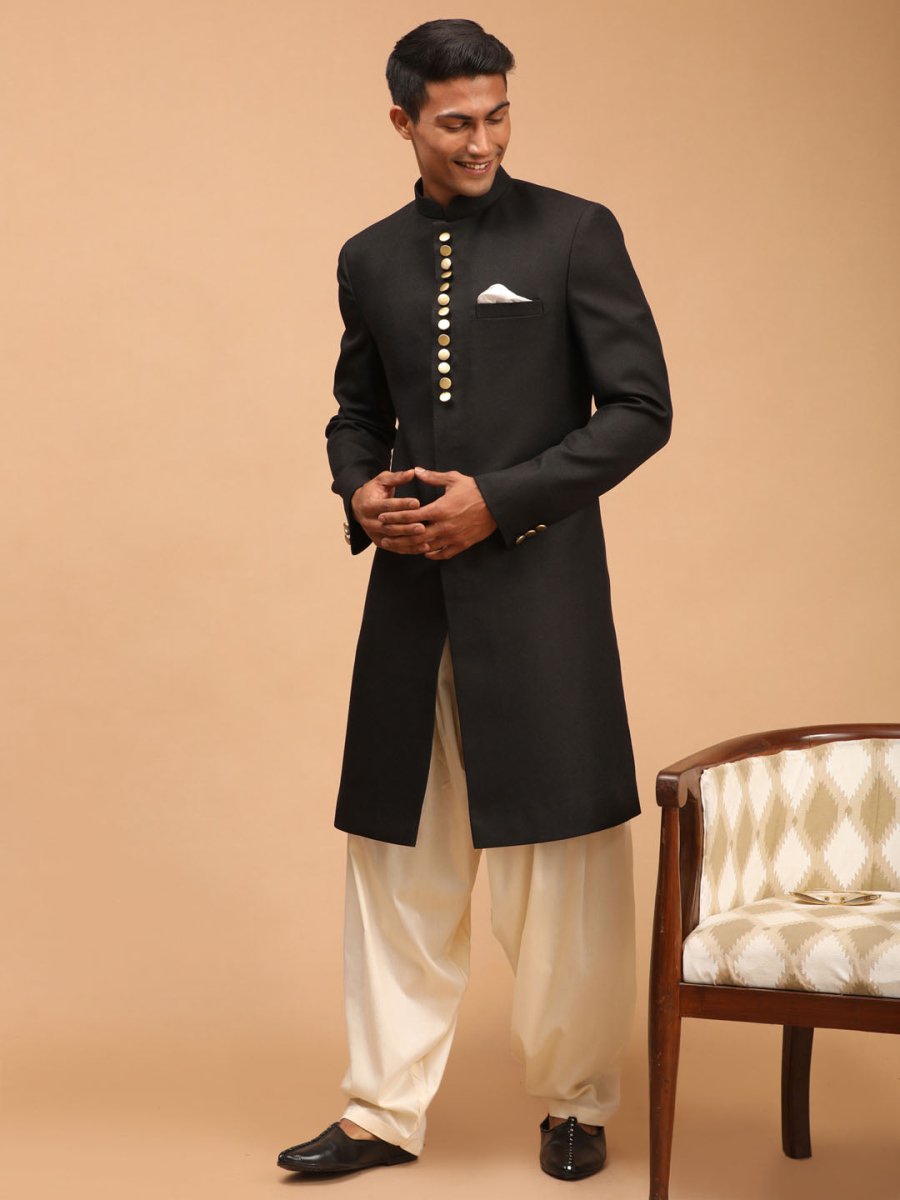 MEN'S BLACK SHERWANI WITH PATIALA SET - House of Sarvati LLC