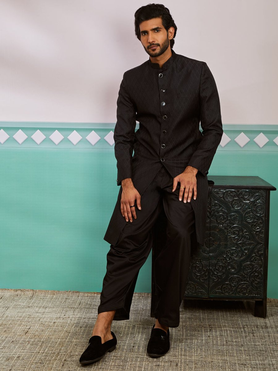 Men's Black Silk Blend Sherwani And Patiala Set - House of Sarvati LLC