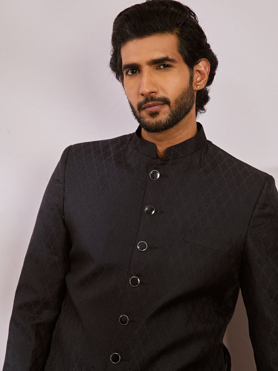 Men's Black Silk Blend Sherwani And Patiala Set - House of Sarvati LLC