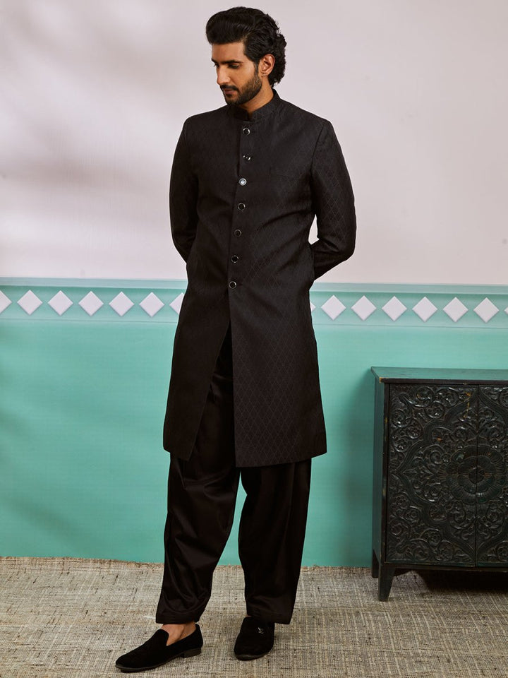 Men's Black Silk Blend Sherwani And Patiala Set - House of Sarvati LLC