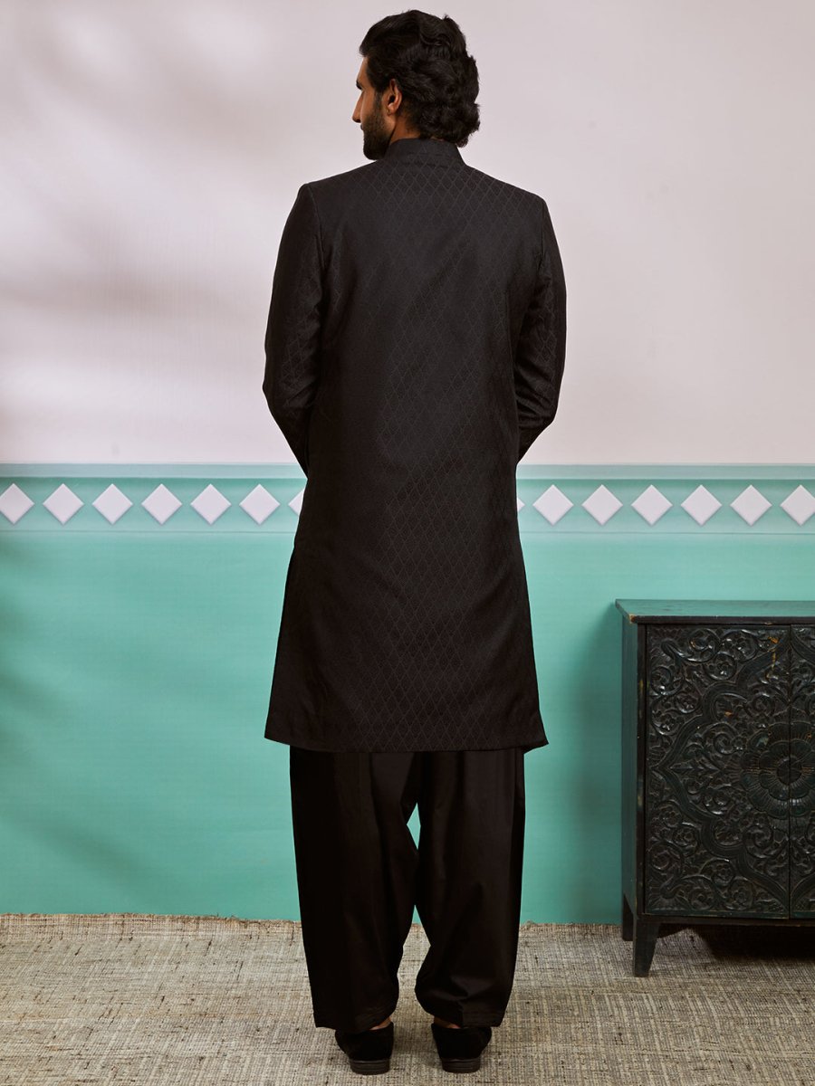 Men's Black Silk Blend Sherwani And Patiala Set - House of Sarvati LLC