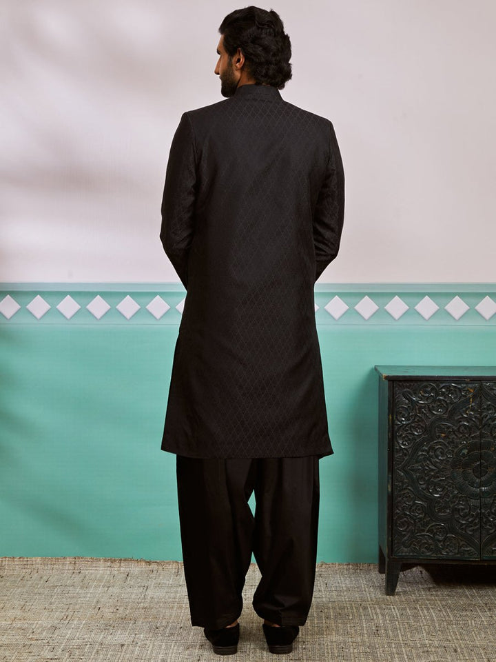 Men's Black Silk Blend Sherwani And Patiala Set - House of Sarvati LLC