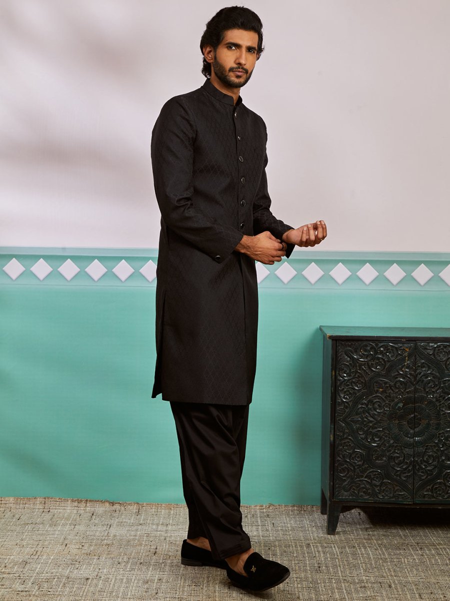 Men's Black Silk Blend Sherwani And Patiala Set - House of Sarvati LLC