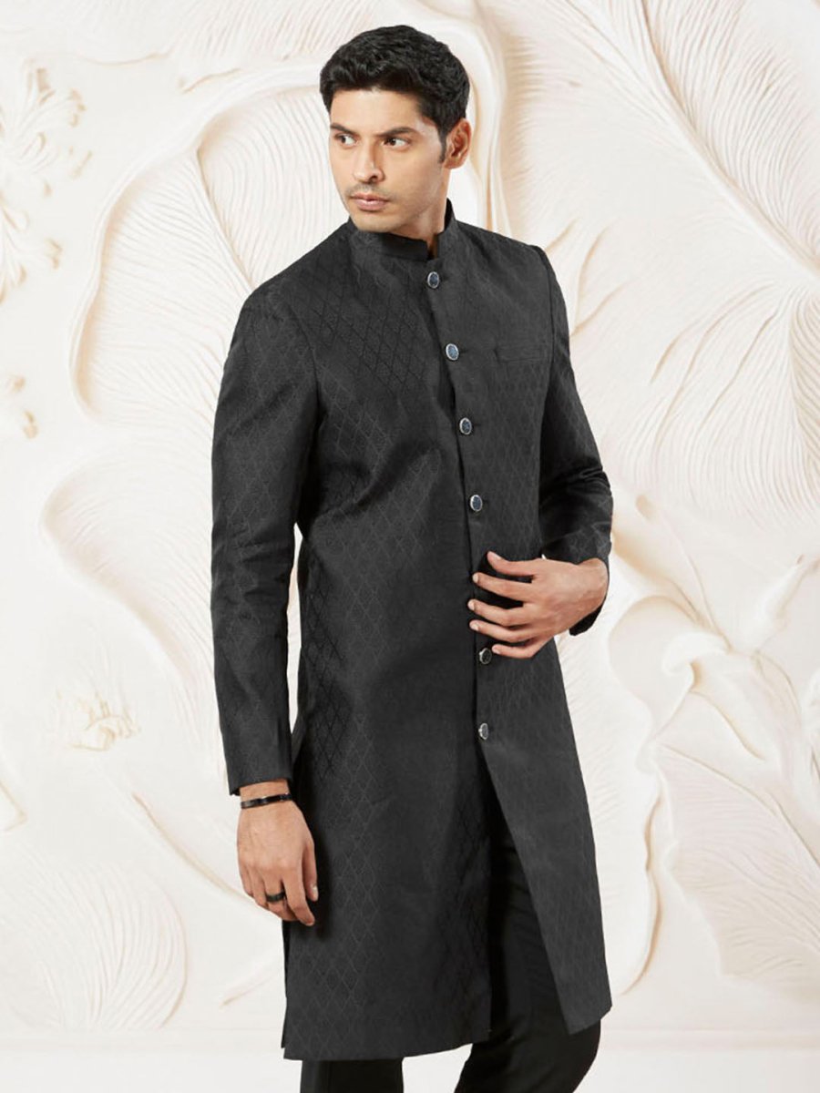 Men's Black Silk Blend Sherwani And Pyjama Set - House of Sarvati LLC