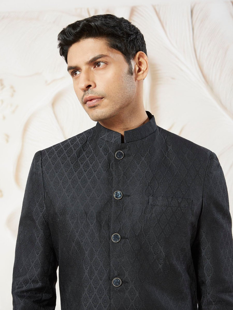 Men's Black Silk Blend Sherwani And Pyjama Set - House of Sarvati LLC