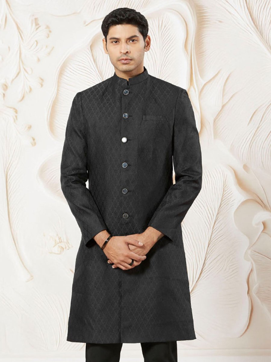 Men's Black Silk Blend Sherwani And Pyjama Set - House of Sarvati LLC