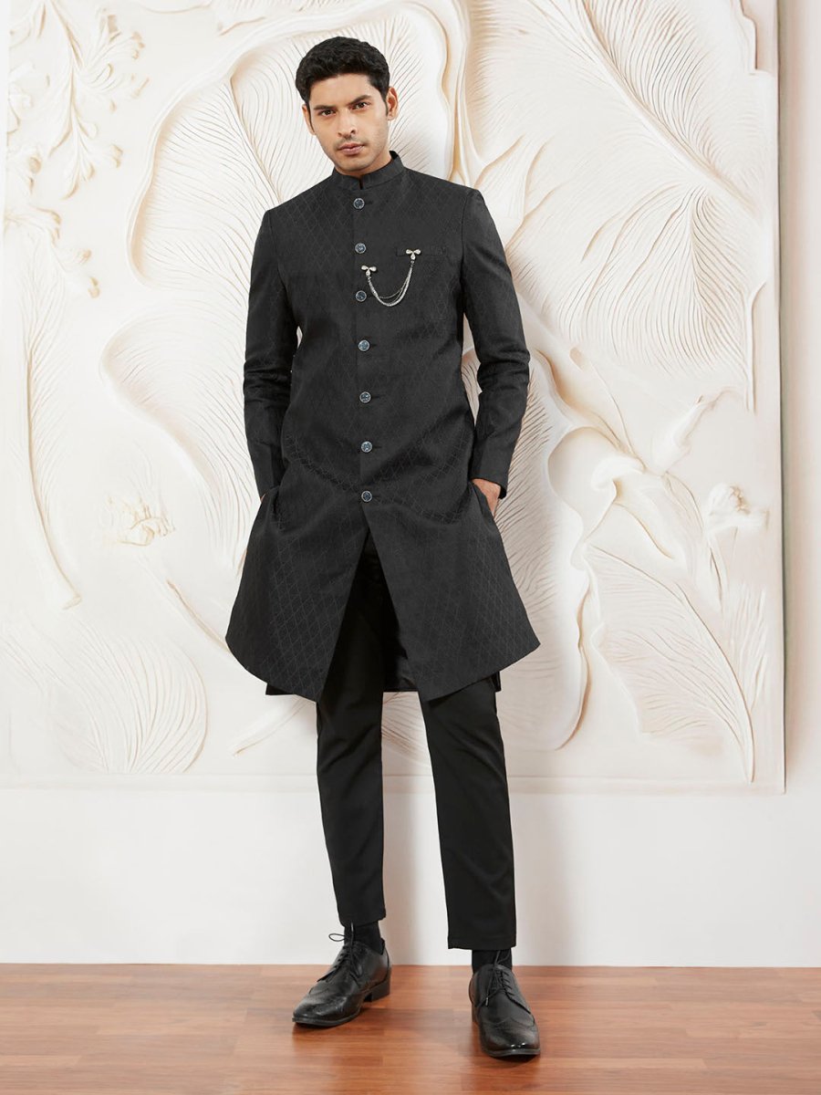 Men's Black Silk Blend Sherwani And Pyjama Set - House of Sarvati LLC