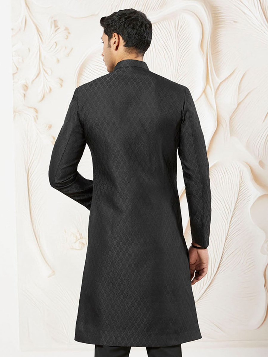 Men's Black Silk Blend Sherwani And Pyjama Set - House of Sarvati LLC