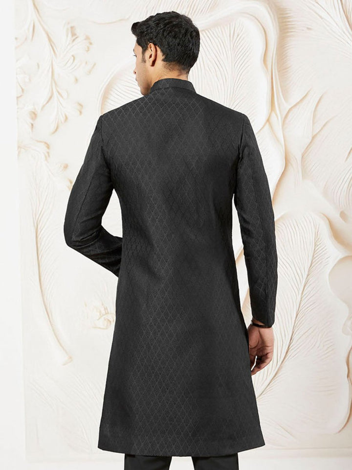 Men's Black Silk Blend Sherwani And Pyjama Set - House of Sarvati LLC