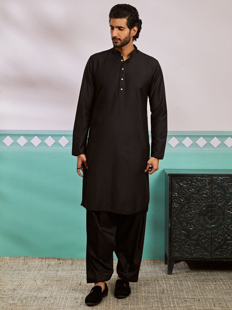 Men's Black Silk Blend Sherwani,Kurta And Patiala Set - House of Sarvati LLC