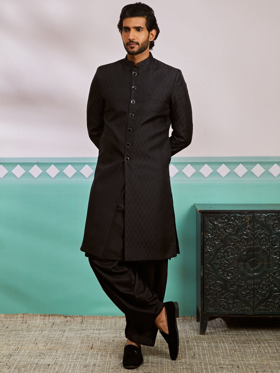 Men's Black Silk Blend Sherwani,Kurta And Patiala Set - House of Sarvati LLC