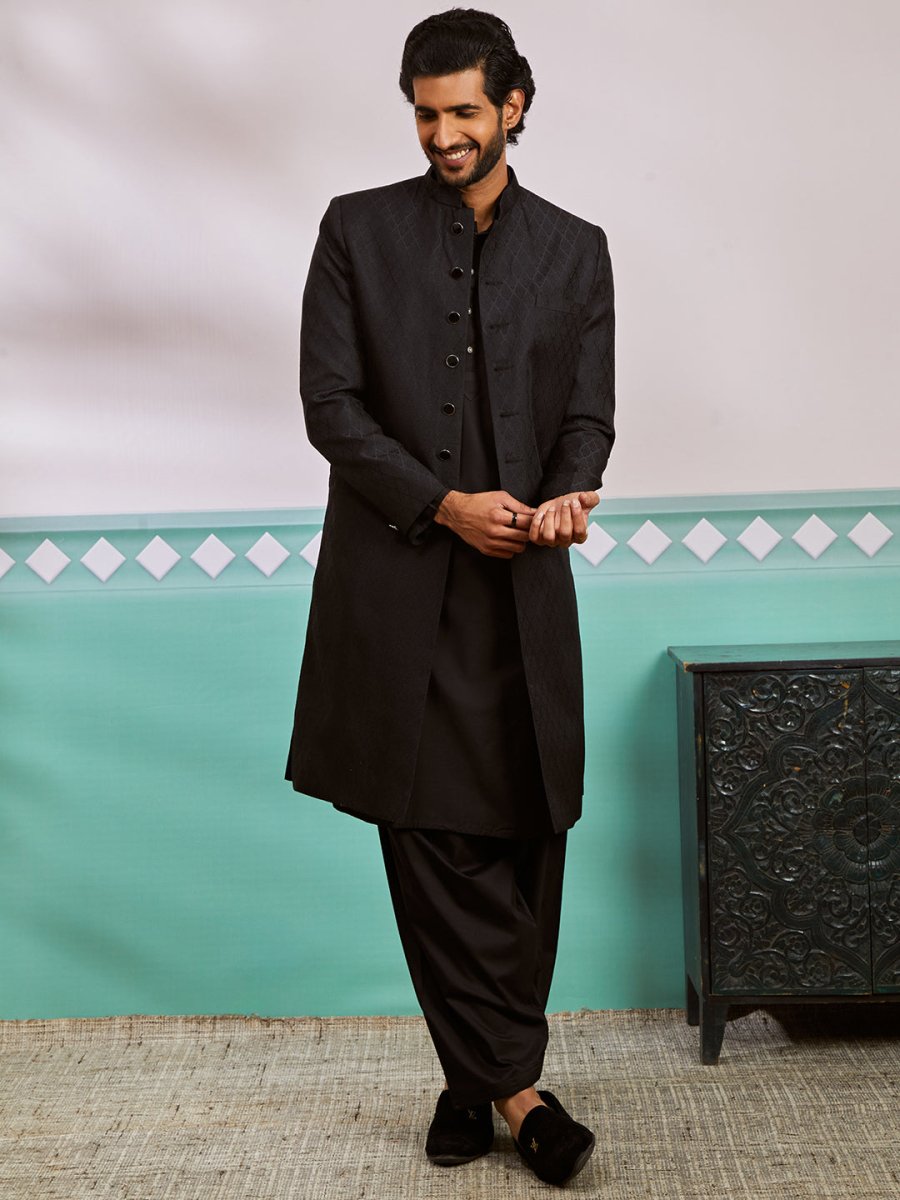 Men's Black Silk Blend Sherwani,Kurta And Patiala Set - House of Sarvati LLC