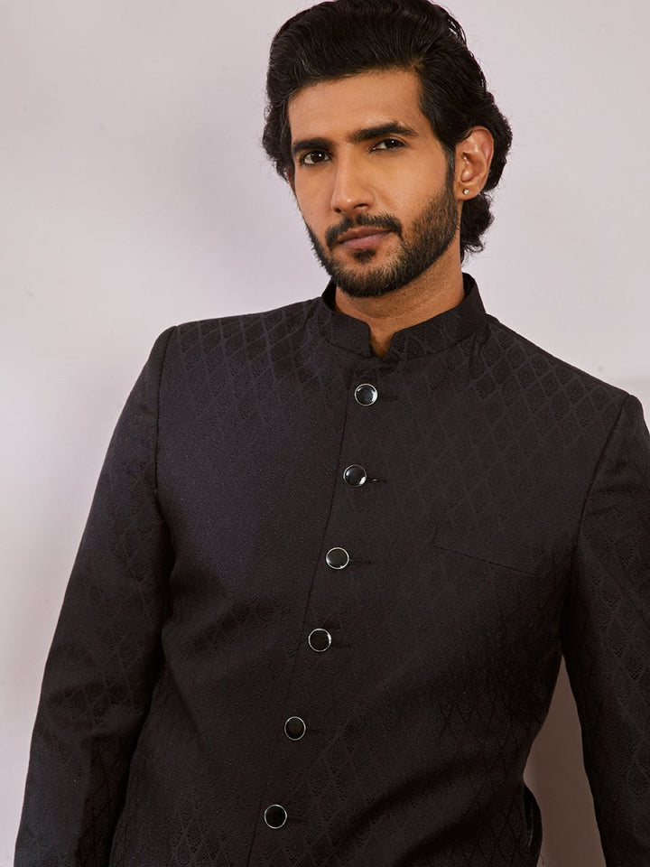 Men's Black Silk Blend Sherwani,Kurta And Patiala Set - House of Sarvati LLC