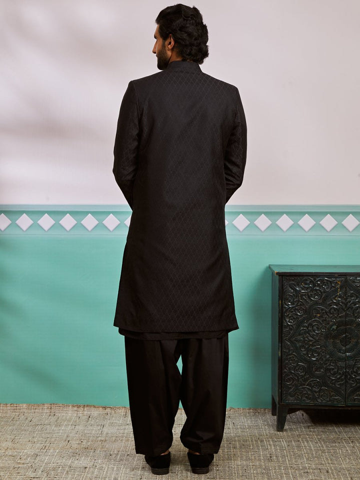 Men's Black Silk Blend Sherwani,Kurta And Patiala Set - House of Sarvati LLC