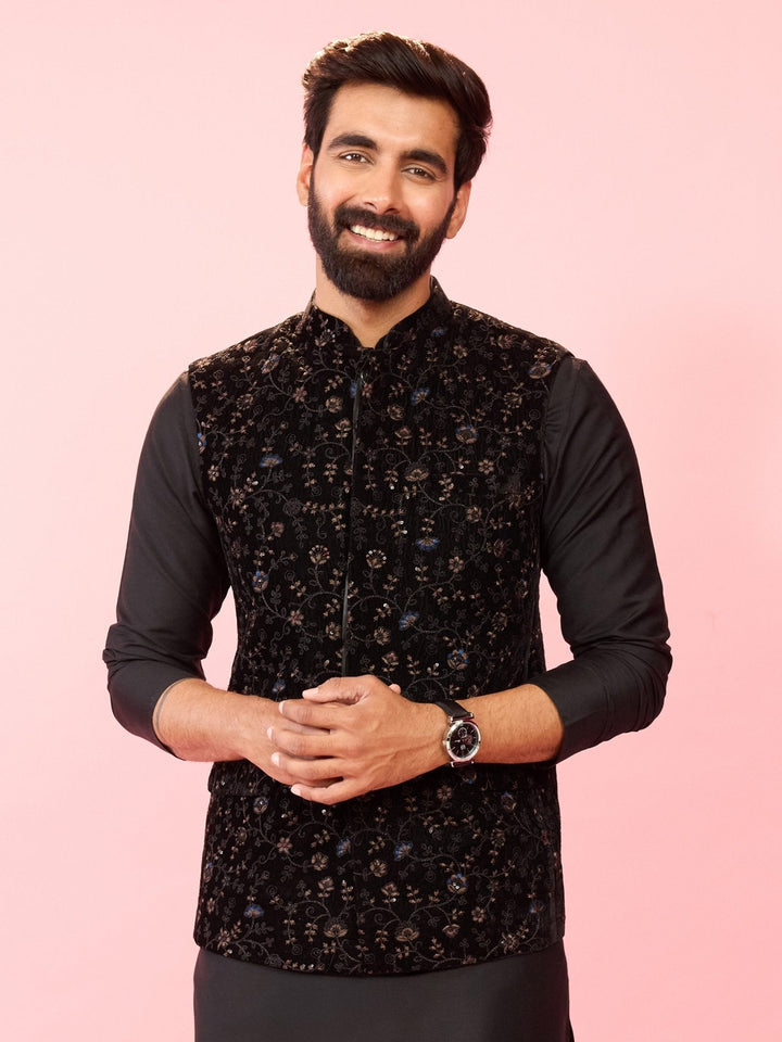 Men's Black Velvet Floral Thread Embroidered Sleeveless Nehru Jacket - view 3