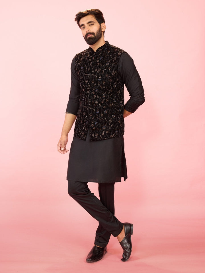 Men's Black Velvet Floral Thread Embroidered Sleeveless Nehru Jacket - view 5