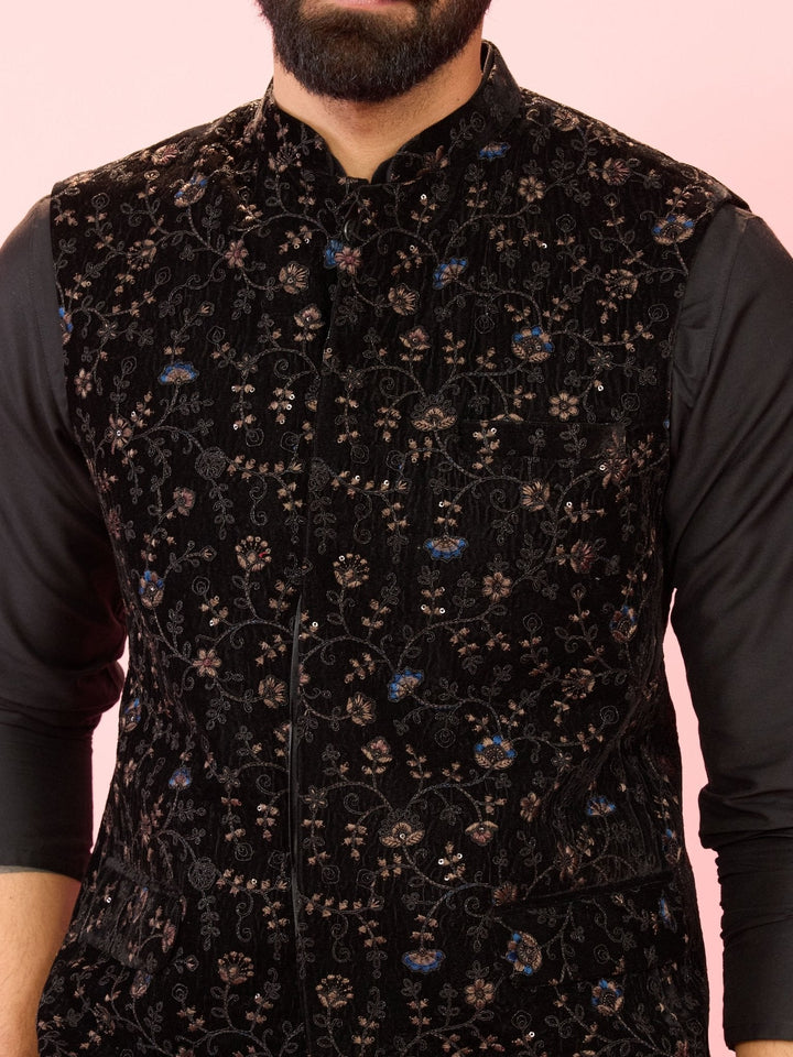 Men's Black Velvet Floral Thread Embroidered Sleeveless Nehru Jacket - view 2