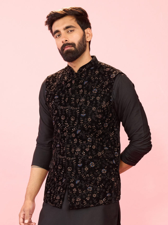 Men's Black Velvet Floral Thread Embroidered Sleeveless Nehru Jacket