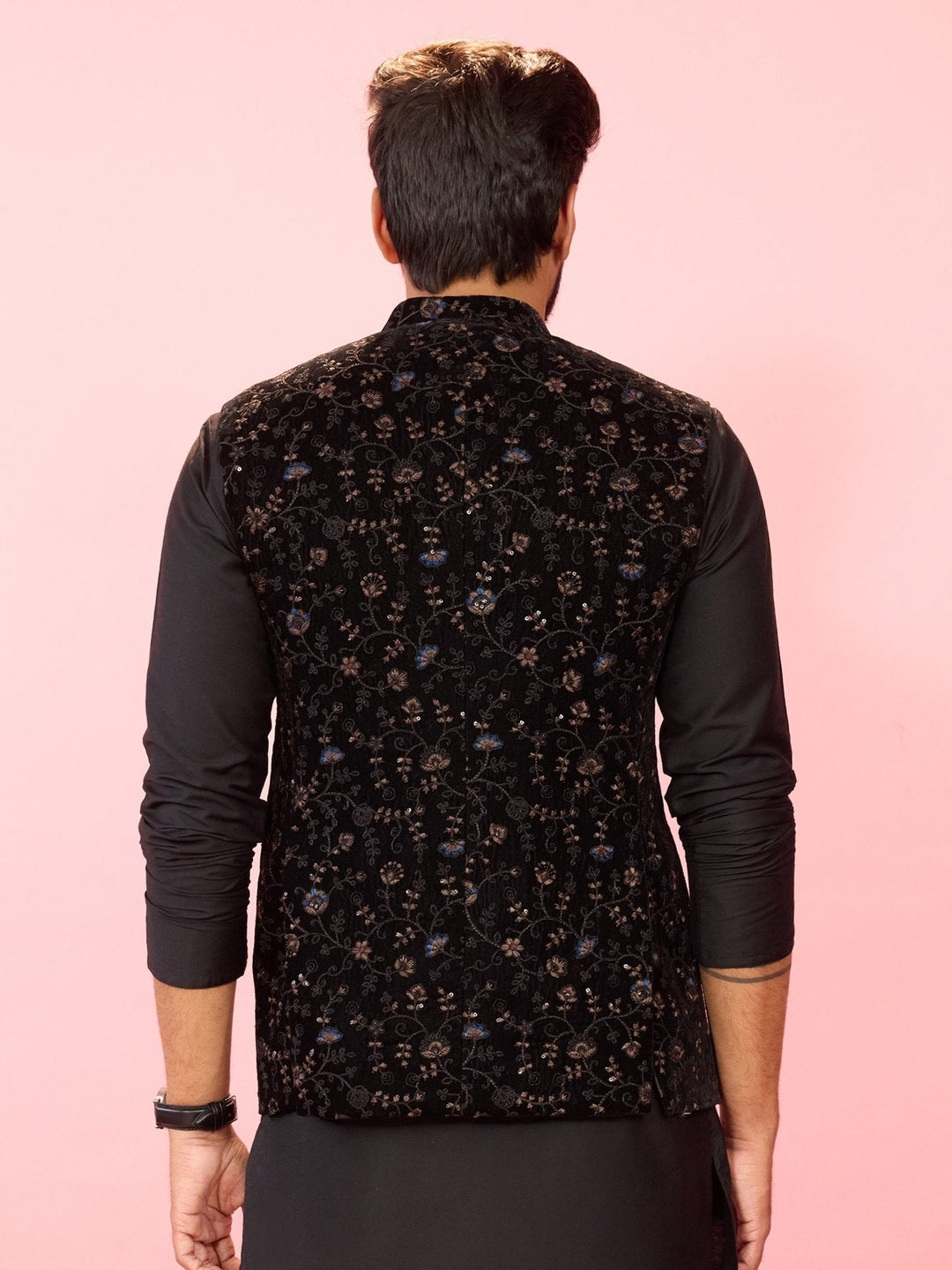 Men's Black Velvet Floral Thread Embroidered Sleeveless Nehru Jacket - view 6