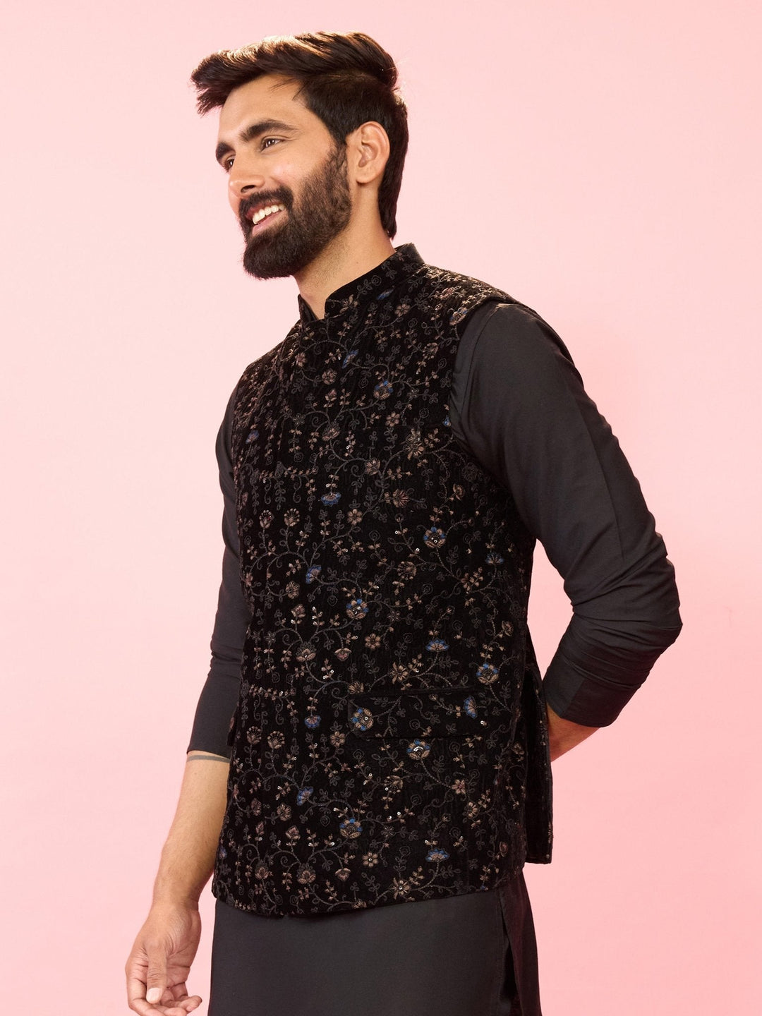 Men's Black Velvet Floral Thread Embroidered Sleeveless Nehru Jacket - view 4