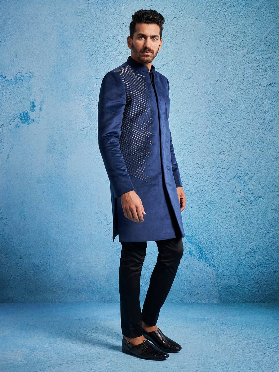 Men's Blue Velvet Sherwani Set - House of Sarvati LLC