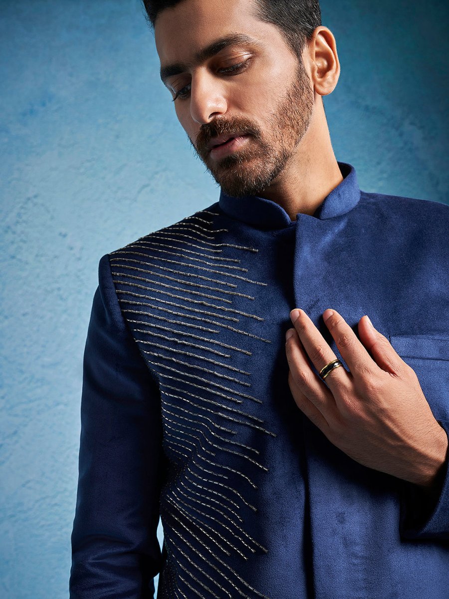 Men's Blue Velvet Sherwani Set - House of Sarvati LLC