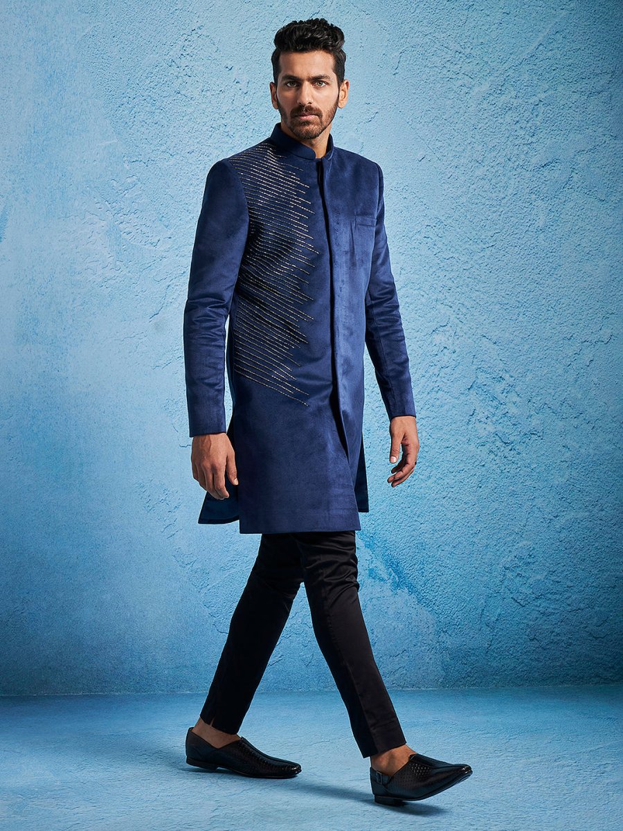 Men's Blue Velvet Sherwani Set - House of Sarvati LLC