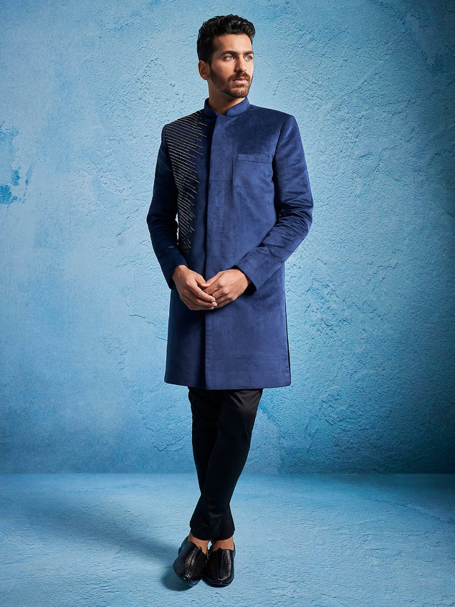 Men's Blue Velvet Sherwani Set - House of Sarvati LLC