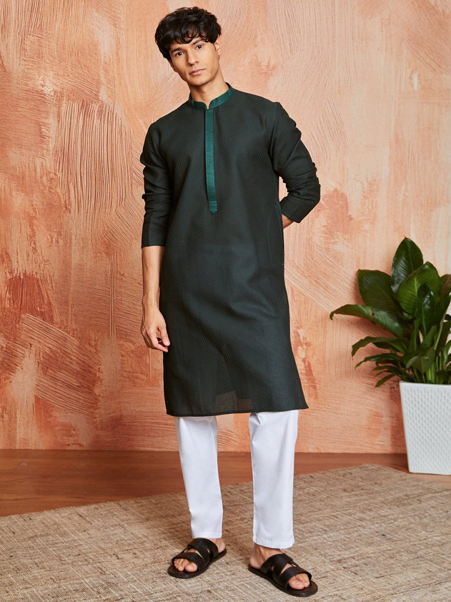 Men's Bottle Green Cotton Jacquard Kurta with Embroidered Collar - House of Sarvati LLC