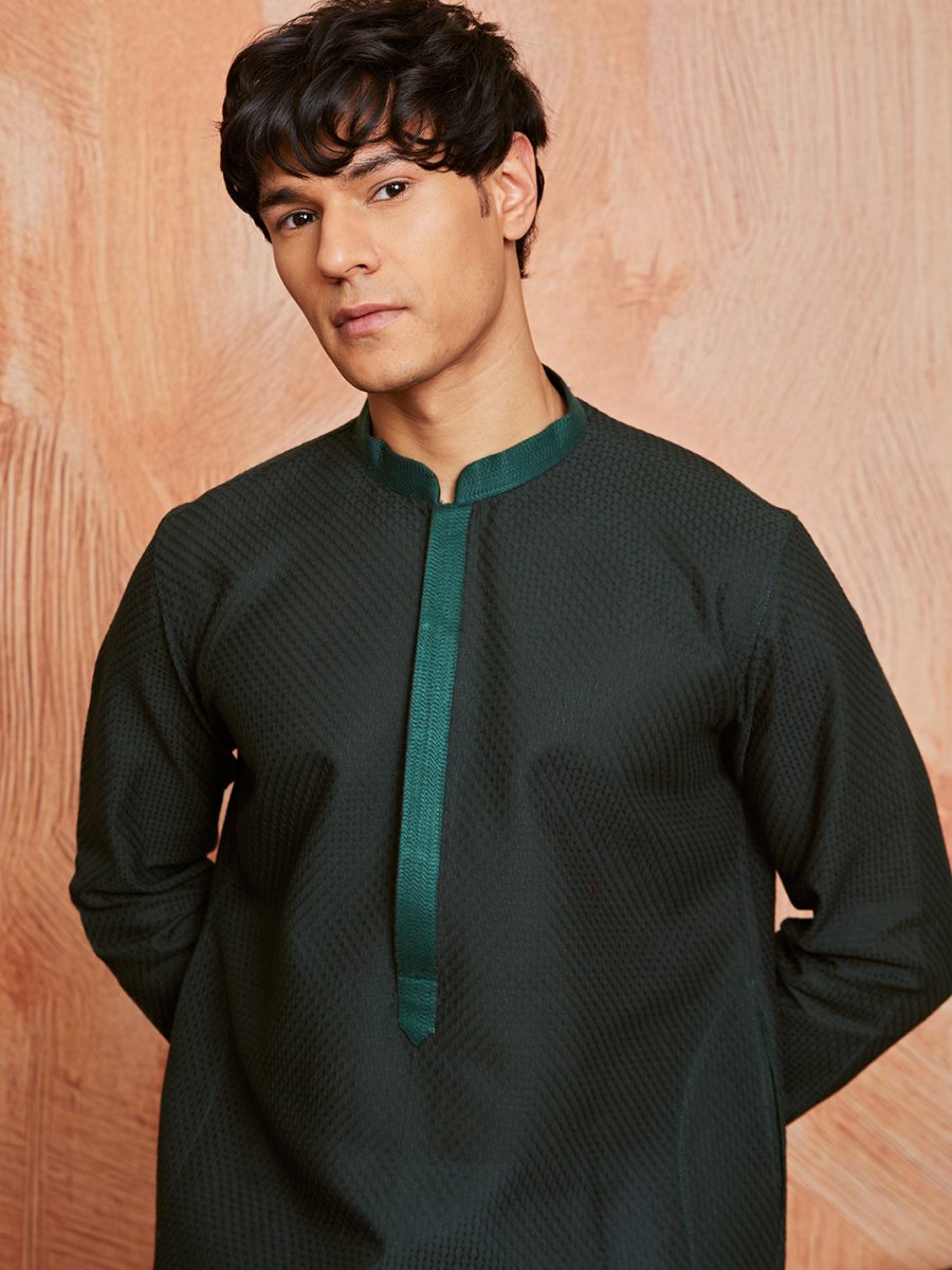 Men's Bottle Green Cotton Jacquard Kurta with Embroidered Collar - House of Sarvati LLC